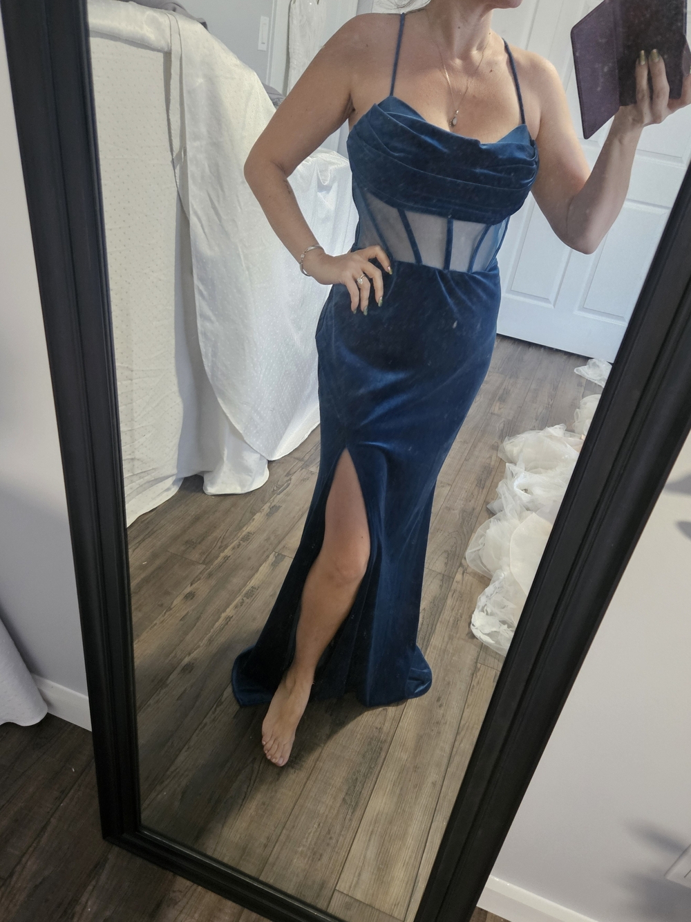 Velvet Navy Blue Spaghetti Strap Evening Gown